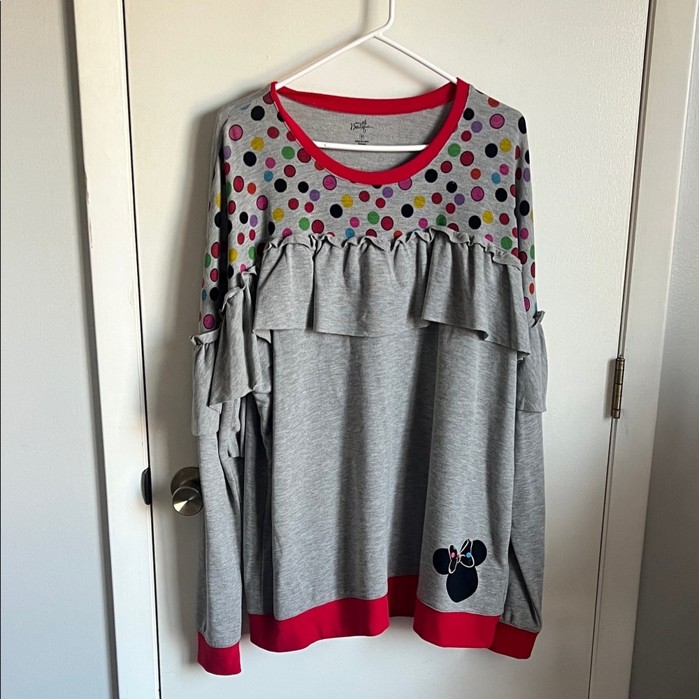 Women’s Minnie Mouse Disney Boutique Polka Dot Ruffle Sweatshirt with Red Trim
